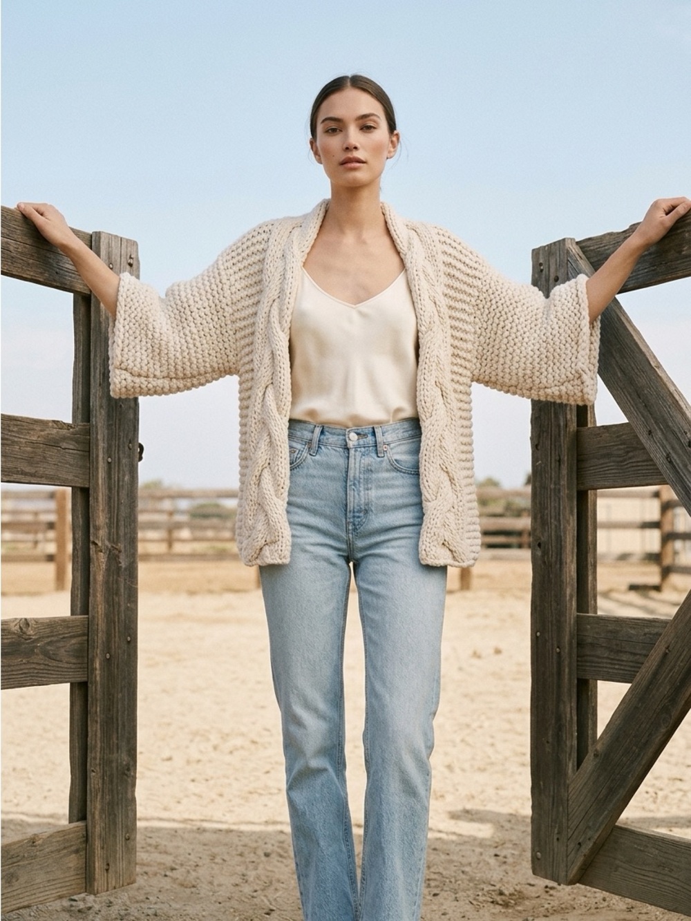 POL Chunky Cable-Trim Open Shrug in Cream. Sz M